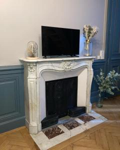 a fireplace with a tv on top of it at Les petits boudoirs bernascon in Aix-les-Bains