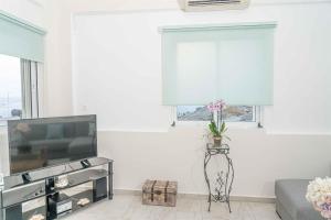 a living room with a tv and a window at Tzortzi's Family Apartments in Kaloi Limenes