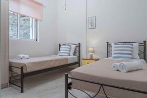 a bedroom with two beds and a window at Tzortzi's Family Apartments in Kaloi Limenes