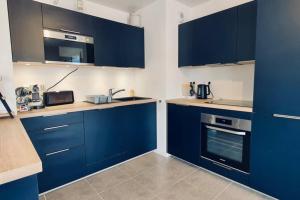 una cocina con armarios y electrodomésticos de color azul marino en Le Laudon 3 étoiles - Familiale, Moderne, Tout équipé, Proche Lac et commodités en Saint-Jorioz