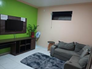 a living room with a couch and a flat screen tv at Casa com Ar e piscina no centro in Prado