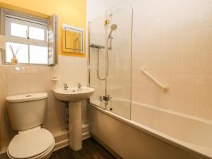 a bathroom with a toilet and a sink and a shower at Pear Tree Cottage in Mark +37 photos