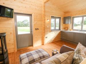 een woonkamer in een blokhut met een bank en ramen bij Badgers Sett in Darlington