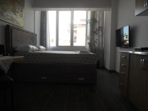 een slaapkamer met een groot bed en een raam bij Apartmani Nikšić Bonaca u Centru in Nikšić