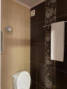 a bathroom with a toilet and a tile wall at Family Hotel Amor in Ruse