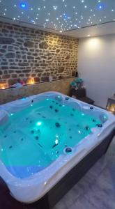 a jacuzzi tub in a room with a fireplace at Le Ptit Spa de L'Abbaye Suite love et Spa privé in Lonlay-lʼAbbaye