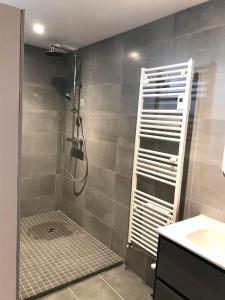 uma casa de banho com um chuveiro com um lavatório e um chuveiro em La Bergerie des Amandiers em Malataverne