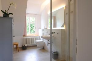 a bathroom with a toilet and a sink and a shower at Ferienwohnung Mohnblume in Pülzig