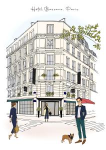 un homme et un chien devant un bâtiment dans l'établissement Hôtel Bassano, à Paris