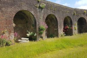 un vecchio muro di mattoni con dei fiori dentro di La Maison de Valy a Montreuil-sur-Mer
