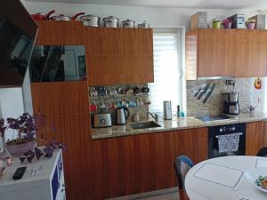 uma cozinha com armários de madeira e uma bancada em Bright apartment at a great location em Sófia