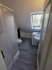 a bathroom with a shower and a toilet and a window at Möblierte Wohnung im Herzen Ottersbergs für Monteure und geschäftlich Reisende in Ottersberg