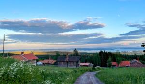 una strada sterrata di fronte a un villaggio con una casa di Fryksas Chalet a Fryksås