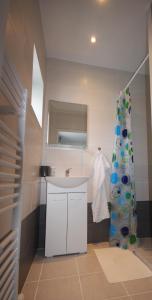 a bathroom with a sink and a shower curtain at Apartmány Amália in Piešťany