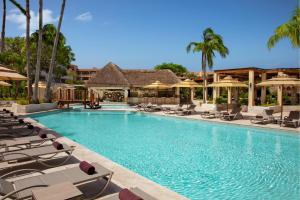 une piscine avec chaises longues et parasols dans l'établissement Dreams Aventuras Riviera Maya - All Inclusive, à Puerto Aventuras