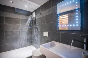 e bagno con doccia, servizi igienici e lavandino. di Le Chalet de l'Atelier - Le Nord a Champéry