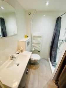 een badkamer met een wastafel, een toilet en een spiegel bij Appartement Sol y Mar in Saint-Aygulf