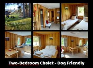 un collage de fotos de un dormitorio y una habitación apta para perros en Airdeny Chalets, en Taynuilt