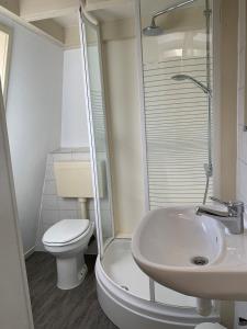 een badkamer met een douche, een toilet en een wastafel bij Kustverhuur, Park Schoneveld, Zeester 68 in Breskens
