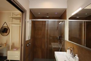 ein Bad mit einer Dusche, einem Waschbecken und einem Spiegel in der Unterkunft La Forgia in Grosseto