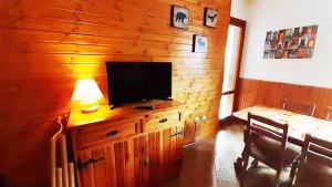 een woonkamer met een televisie aan een houten muur bij Armonia 13 - Pieno Centro in Roccaraso