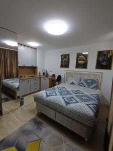a bedroom with a bed and a kitchen in it at Identity By Nights & Smiles in Tuzla