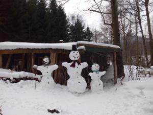 Tres muñecos de nieve están parados frente a una cabaña. en Das wilde Auwaldhaus, en Bertsdorf