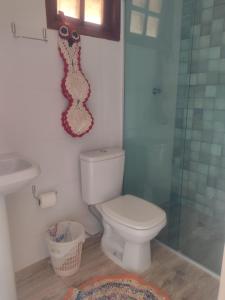 uma casa de banho com um WC e uma cabina de duche em vidro. em Fazenda Rosmaninho em Alto Paraíso de Goiás