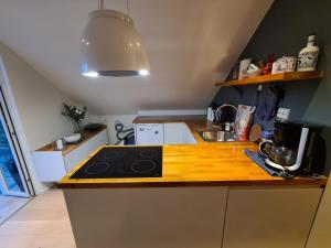 a kitchen with a stove and a counter top at Glass roof private loft in Tromsø in Tromsø