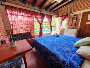 a bedroom with a bed and a table and windows at Posada El paraíso in Tepoztlán