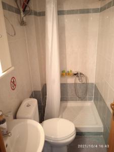 een badkamer met een toilet, een wastafel en een douche bij Apartment ARION 2 in Larisa