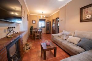 a living room with a couch and a fireplace at VILLA ELISABETH Piscina y Terraza con Aire Acondicionado in Arriate