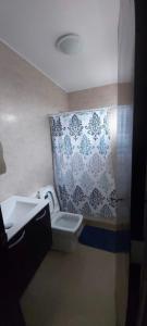 La salle de bains est pourvue de toilettes et d'un rideau de douche. dans l'établissement Ibiza Beach Residence’s, à Coclé