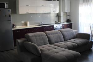a living room with a couch and a kitchen at Stefanos Apartament in Baia Mare