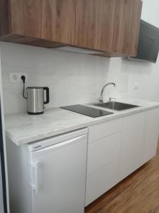 a white kitchen with a sink and a counter at N.A.N. Apartments City Centre in Kyiv