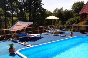 uma piscina com cadeiras e um guarda-sol em Work & Stay Apartment em Ulrichstein