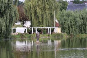 uma estátua sentada no meio de um lago em Hotel Windfelder em Stegaurach