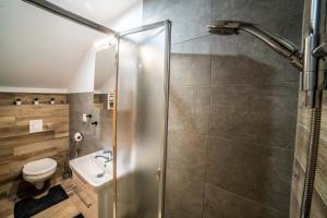 une salle de bains avec douche, toilettes et lavabo dans l'établissement Pension 222 - Family rooms in Vrchlabi, à Vrchlabí 45 autres photos