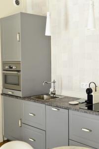 uma cozinha com um lavatório e um fogão em Eden blue, Lovely flat, bright & cosy in Lyon em Lyon
