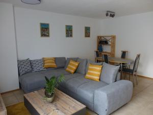 a living room with a gray couch and a table at Exclusive cozy apartment in the heart of Franconia in Gaukönigshofen