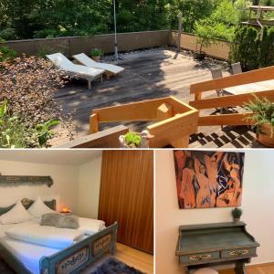 - deux photos d'une terrasse avec un lit et un banc dans l'établissement Alpen Appartements Hochmuth, à Mayrhofen