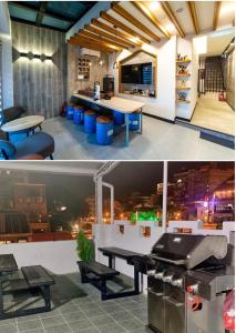 eine Küche und ein Esszimmer mit Stadtblick in der Unterkunft W Cube in Tainan