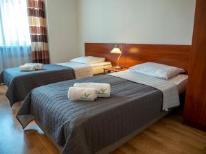 two beds in a hotel room with a lamp at Kolejarz Natura Tour in Zakopane