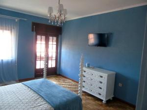 a bedroom with blue walls and a bed and a tv at Alojamento local Angel`s in Ponte da Barca