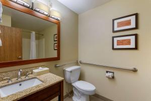 a bathroom with a toilet and a sink and a mirror at Comfort Inn River's Edge in Huron