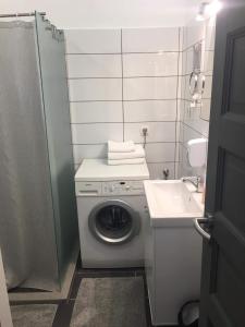W łazience znajduje się pralka i umywalka. w obiekcie Cuki Apartmanok w mieście Dombóvár
