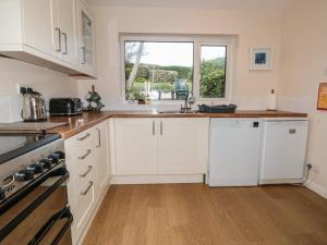 uma cozinha com armários brancos, um lavatório e uma janela em 33 Weymouth Park em Kingsbridge