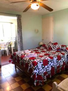 um quarto com uma cama com um cobertor vermelho e branco em La Susy em Salto