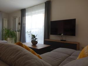a living room with a couch and a flat screen tv at Exclusive kuschelige Wohnung im Herzen FrankensEuropa in Gaukönigshofen