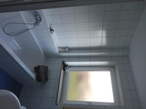 ein Bad mit einem Fenster und einer Dusche in der Unterkunft Exclusive kuschelige Wohnung im Herzen FrankensEuropa in Gaukönigshofen